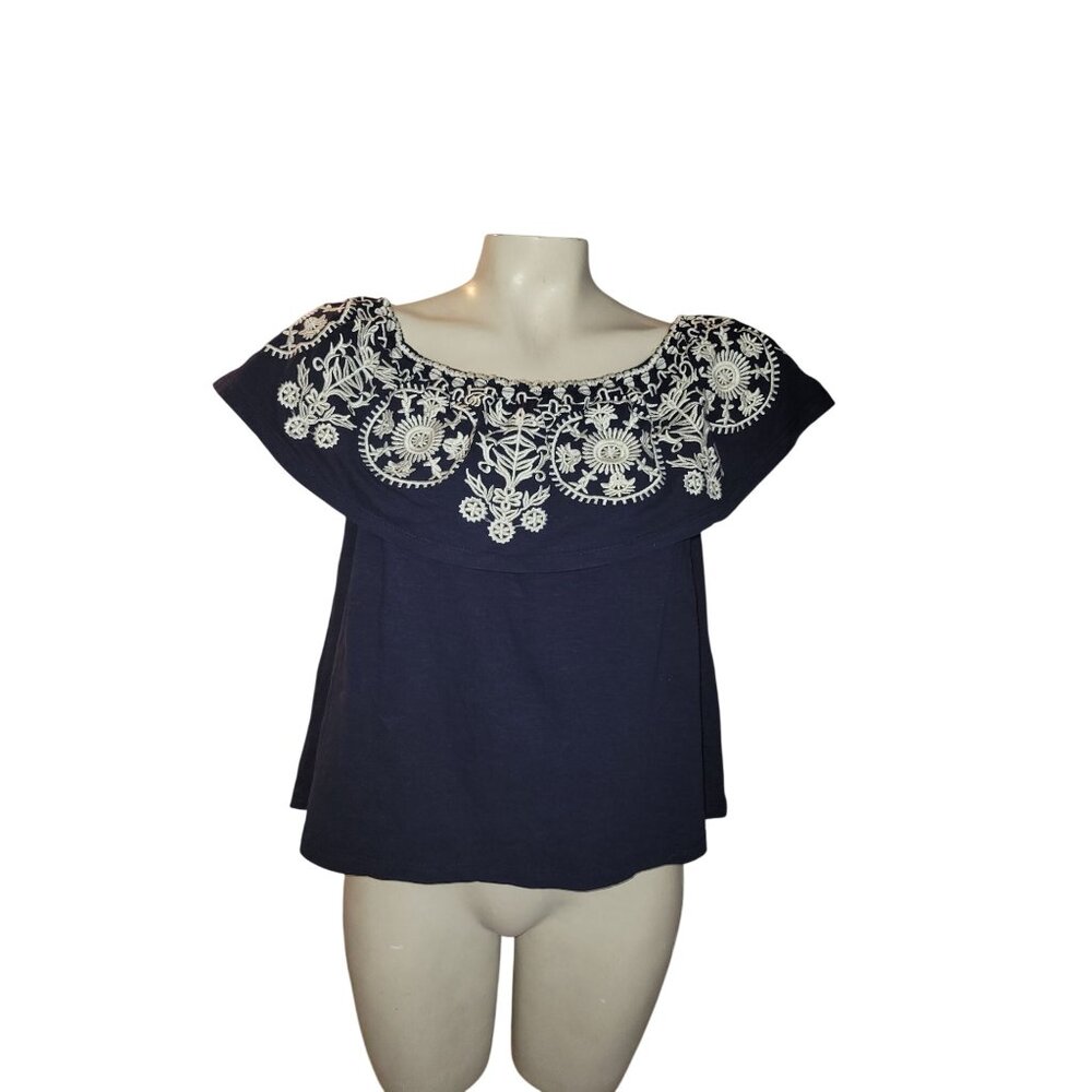 Luna Moon Navy‎ Embroidered Off The Shoulder Ruffle Top Blouse Size S